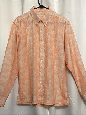 Manaola Men's Peach White Haku Lei Print Button Down Hawaiian Design Shirt Small
